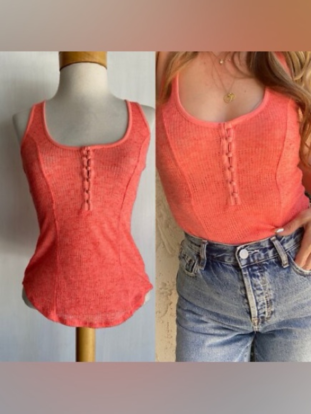 Free People Intimately Pointelle Henley Tank- Tangerine